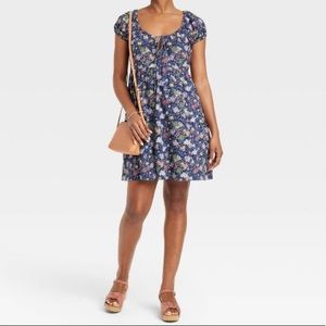Women's Puff Short Sleeve Day Mini Dress - Universal Thread NWT Floral Blue M